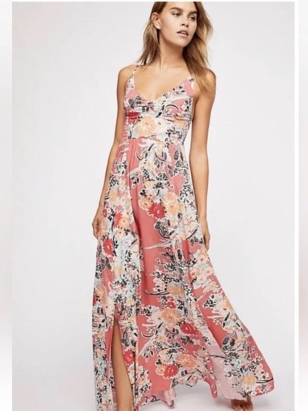 Free People Through The Vine Pink Floral Side‎ Slit Maxi Dress Sz M